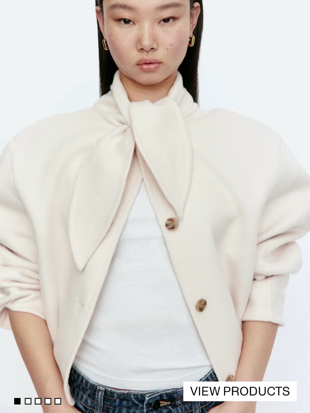 H&M HANDMADE WOOL-BLEND JACKET Tied-Neck Teddy Jacket in Cream